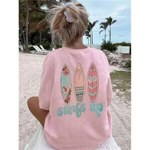 Women Oversized Round Neck Short Sleeve Surfing Beach Graphic Print T-Shirt